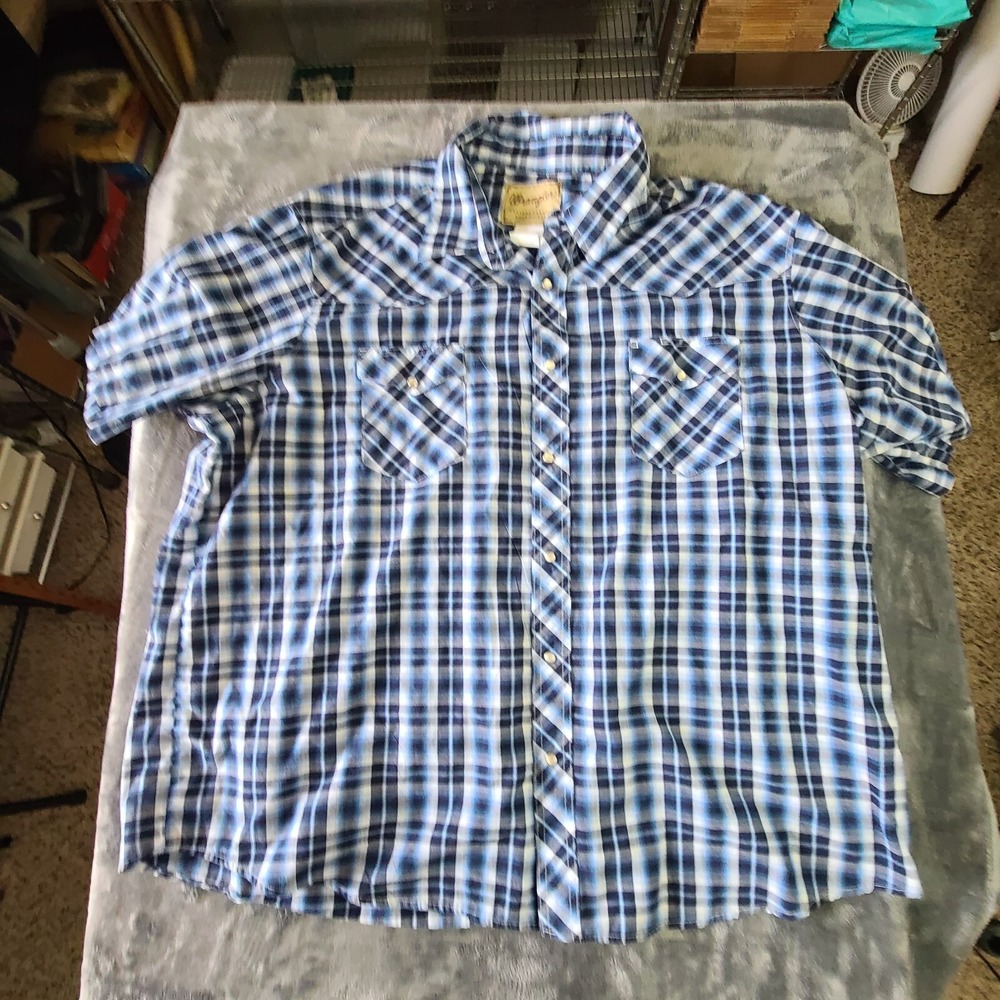 Wrangler Pearl Snap Shirt Mens 3XL Blue Plaid Western Cowboy Rodeo